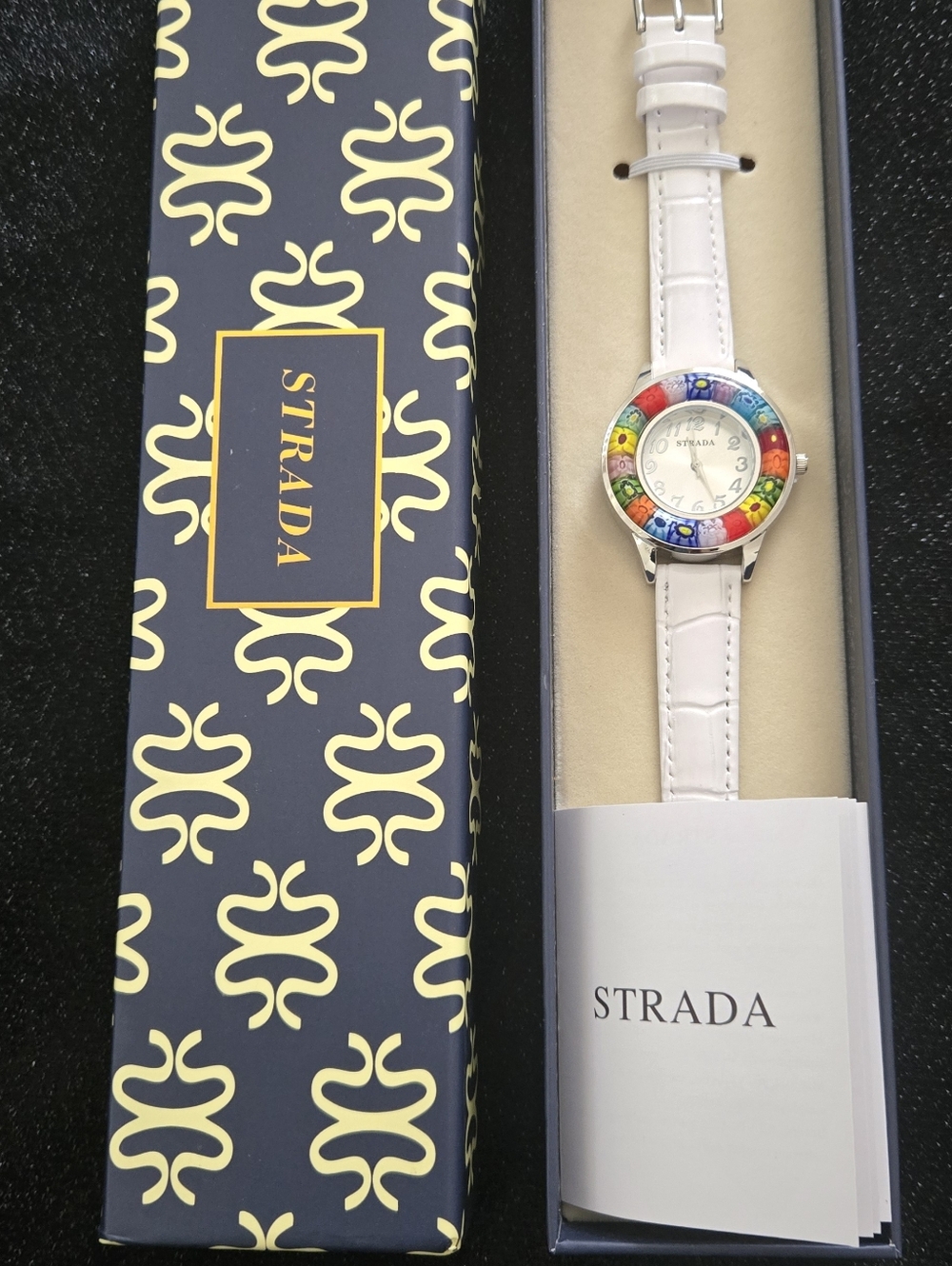 Strada White Watch with Multicolor Floral Bezel